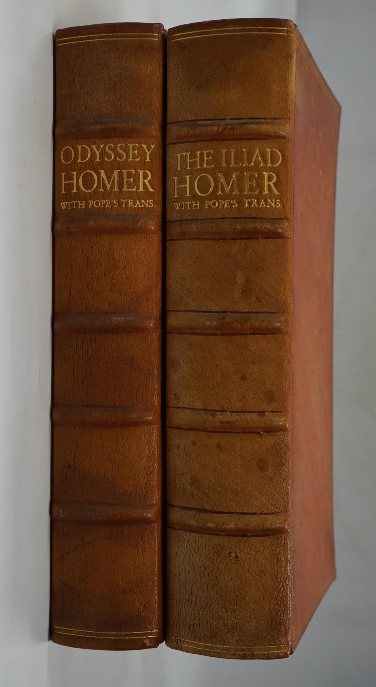 Homer - The Iliad / The Odyssey. (Translated by Alexander) Pope. Limited Edition, 2 vols. title and text decorations; original gilt ruled tan morocco, panelled spines lettered direct, gilt tops, other edges rough trimmed